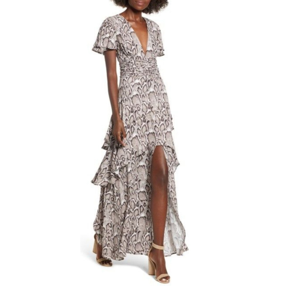 AFRM Dress Size Large Snakeskin Brown Corset‎ Tiered Maxi Slit Flutter Sleeves